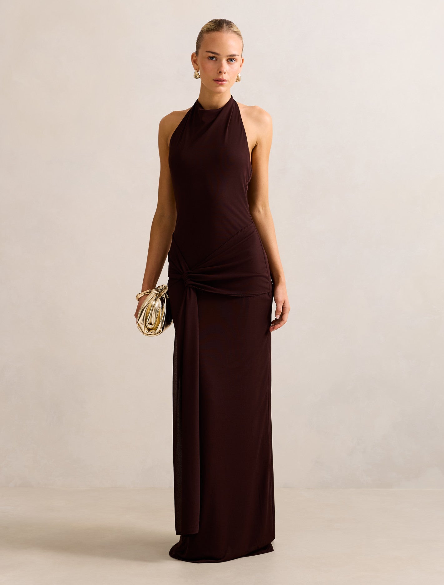 Forever New Women's Abby Halter Mesh Maxi Dress in Chocolate