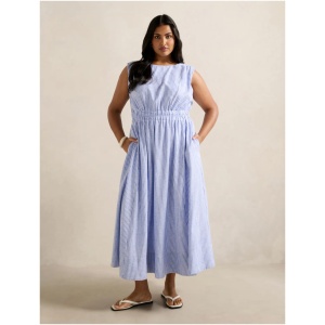 Forever New Women's Afina Curve Extended Shoulder Midi Dress in Blue Stripe