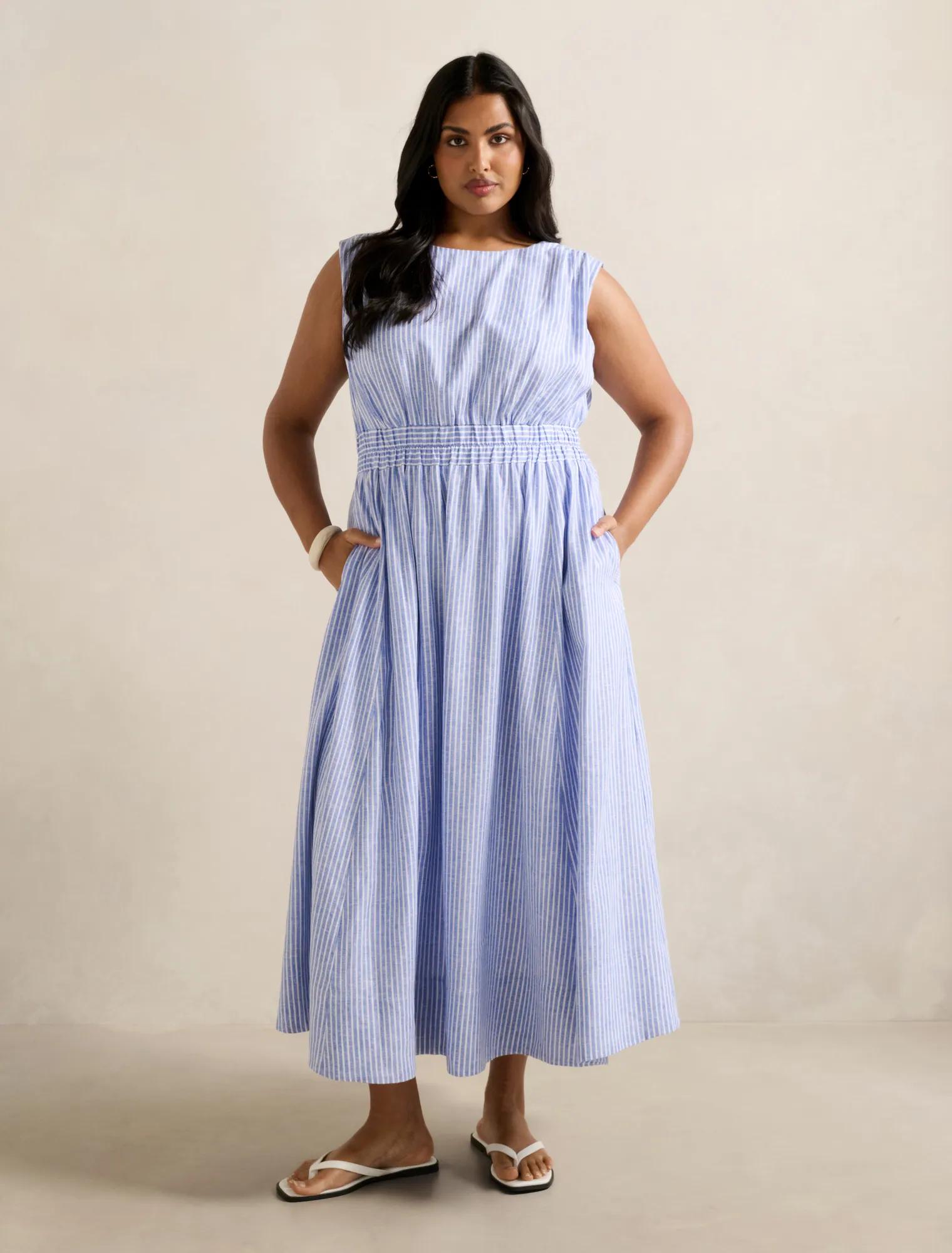 Forever New Women's Afina Curve Extended Shoulder Midi Dress in Blue Stripe