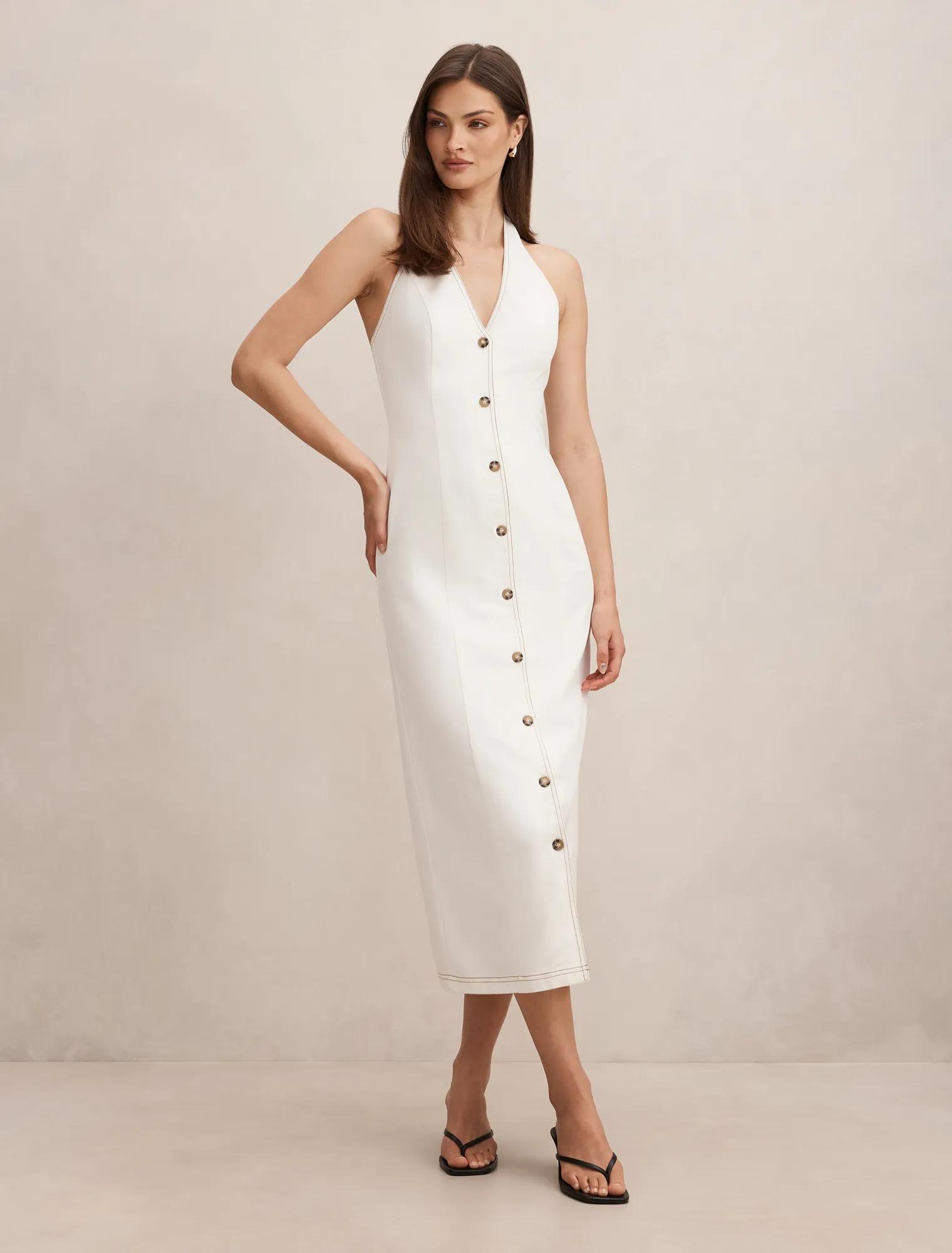 Forever New Women's Amy Halter Denim Maxi Dress in Porcelain