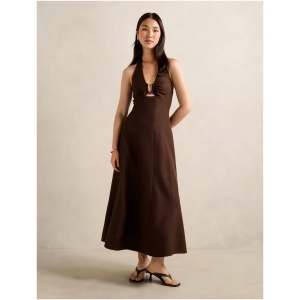 Forever New Women's Angie Hardware Halter Linen Midi Dress in Chocolate