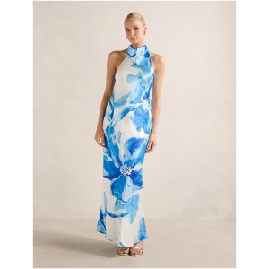 Forever New Women's Clementine High Neck Satin Maxi Dress in Blue Maia Floral