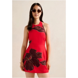 Forever New Women's Corinna Printed Linen Halter Mini Dress in Red Dryden