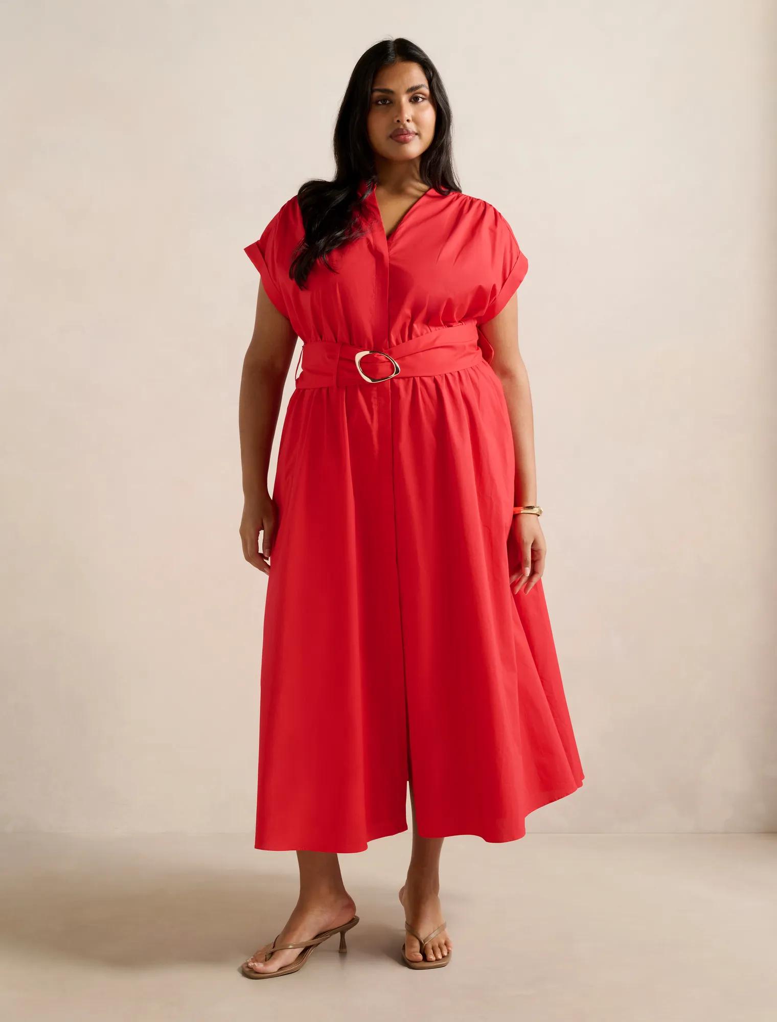 Forever New Women's Joy Curve Gathered Belted Midi Dress in Runway Red