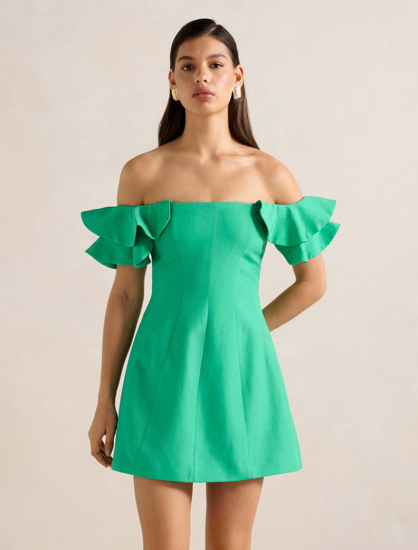 Forever New Women's Kenzie Off Shoulder Ruffle Mini Dress in Holly Green