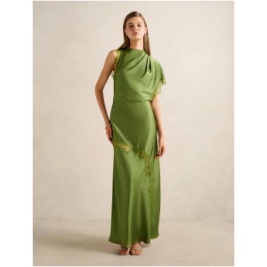 Forever New Women's Kody Satin Lace Asym Dress in Olive Green