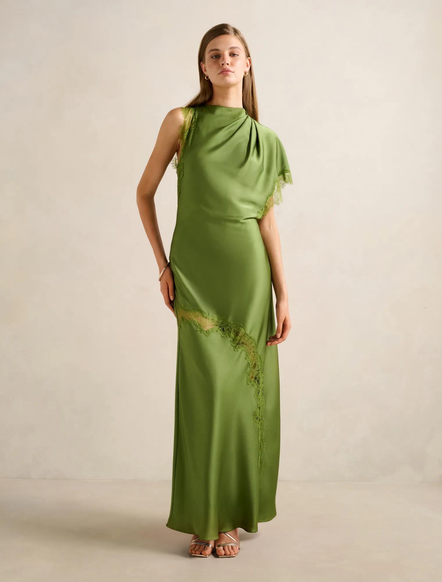 Forever New Women's Kody Satin Lace Asym Dress in Olive Green
