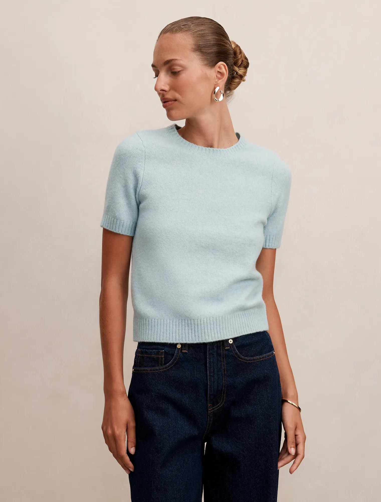 Forever New Women's Lucy Knitted Tee Shirt in Soft Duck Egg