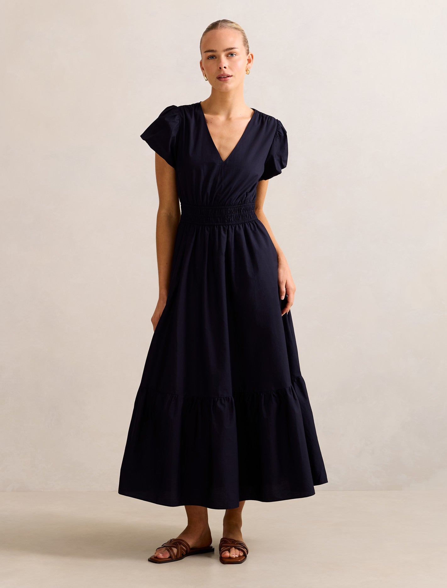 Forever New Women's Mara Puff Sleeve Cotton Midi Dress in Navy