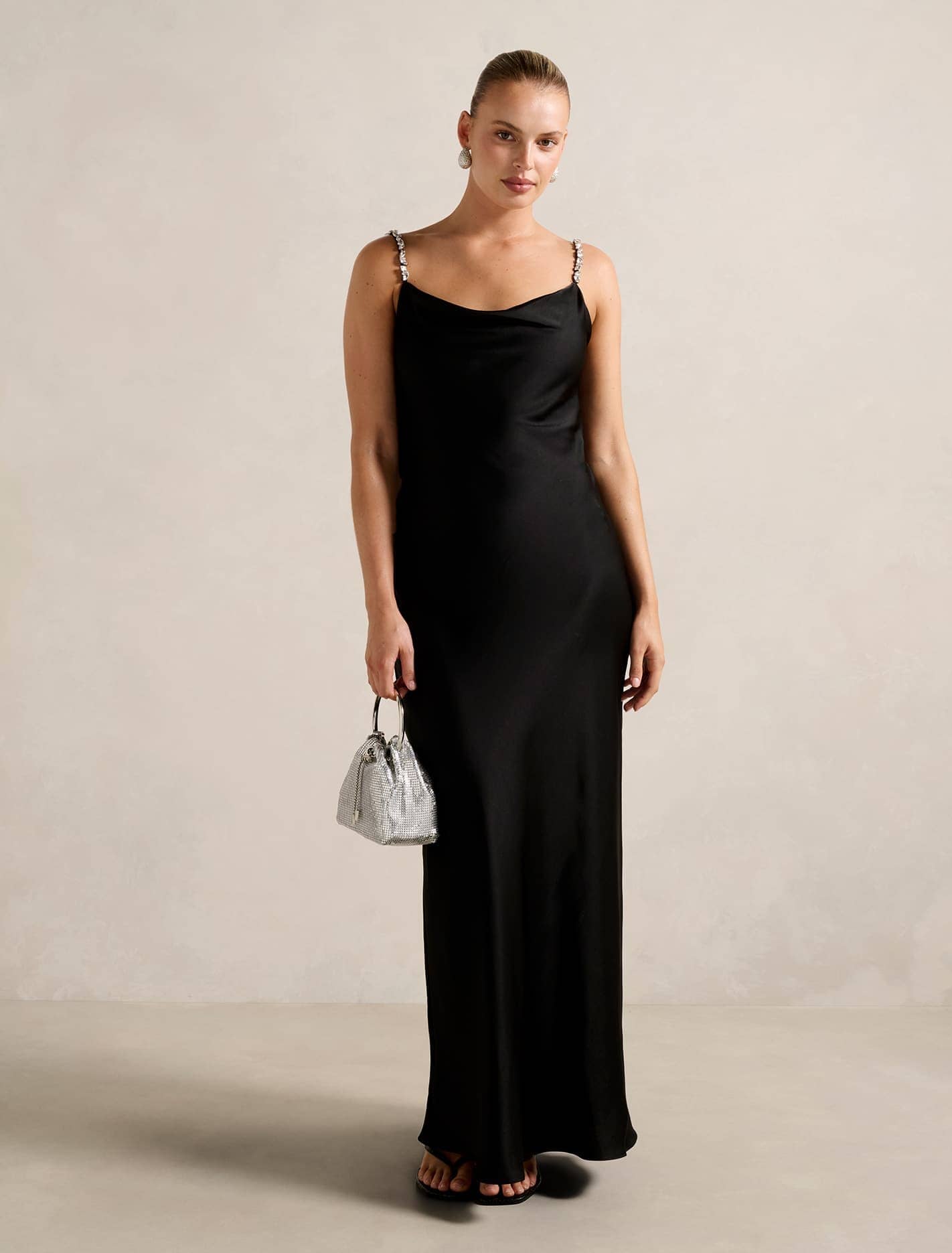 Forever New Women's Presley Diamante Strap Satin Maxi Dress in Black