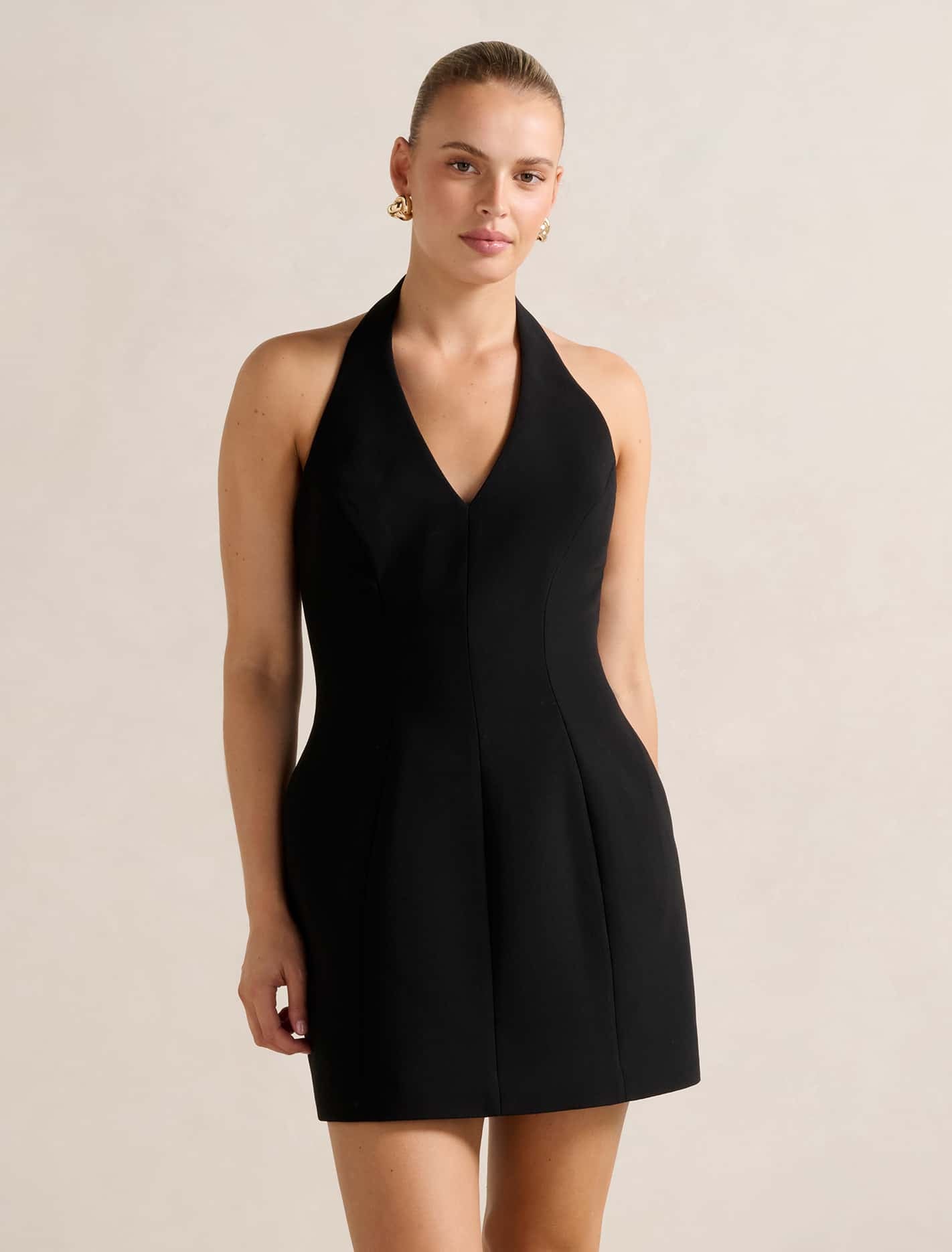 Forever New Women's Riley Structured Halter Mini Dress in Black