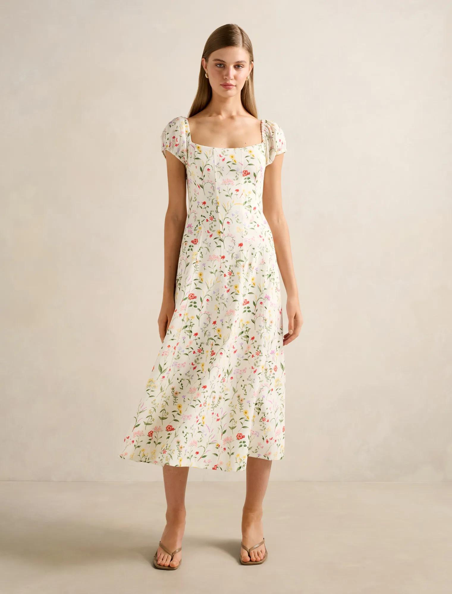 Forever New Women's Sadie Cap Sleeve Linen Midi Dress in Soft Evie Floral