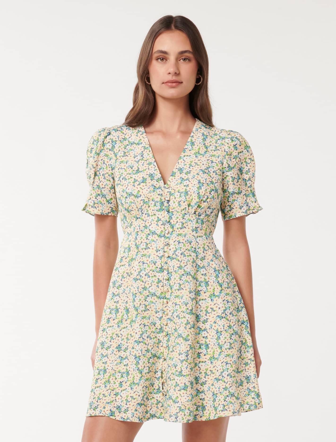 Forever New Women's Saffron Printed Linen Mini Sun Dress in Blue Hampton Ditsy