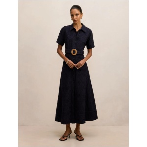 Forever New Women's Valeria Petite Short Sleeve Broderie Midi Dress in Navy