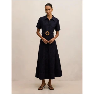 Forever New Women's Valeria Petite Short Sleeve Broderie Midi Dress in Navy