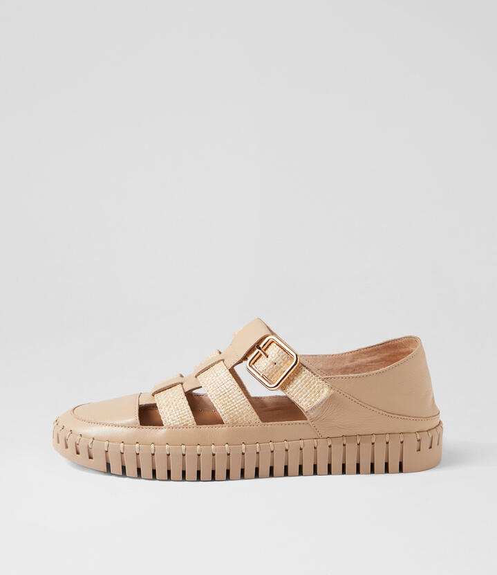 Hiroko Camel Leather Synthetic Raffia Sneakers