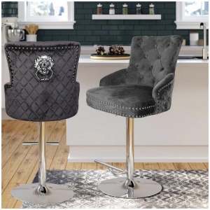 Luxury Black Velvet Swivel Bar Stool With Lion Knocker & Cross Stitch High Back
