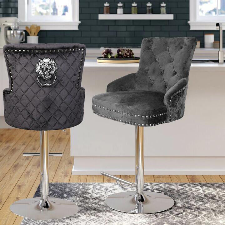 Luxury Black Velvet Swivel Bar Stool With Lion Knocker & Cross Stitch High Back