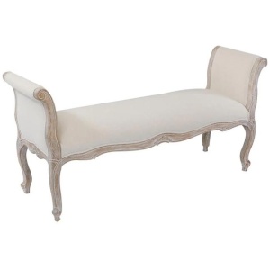 Oak Wood Linen Fabric Beige White Washed Finish Bench Chair