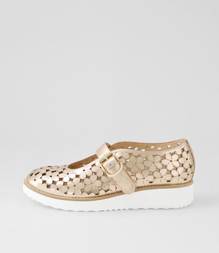 Ollens Champagne White Crush Leather Flat Shoes