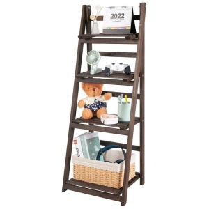 Retro 4 Tier Wooden Ladder Bookcase Folding Book Shelf Plant Stand Storage Rack