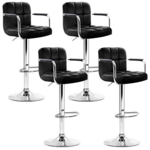 Set Of 4 Bar Stools Steel And Black Gas Lift Swivel Armrests
