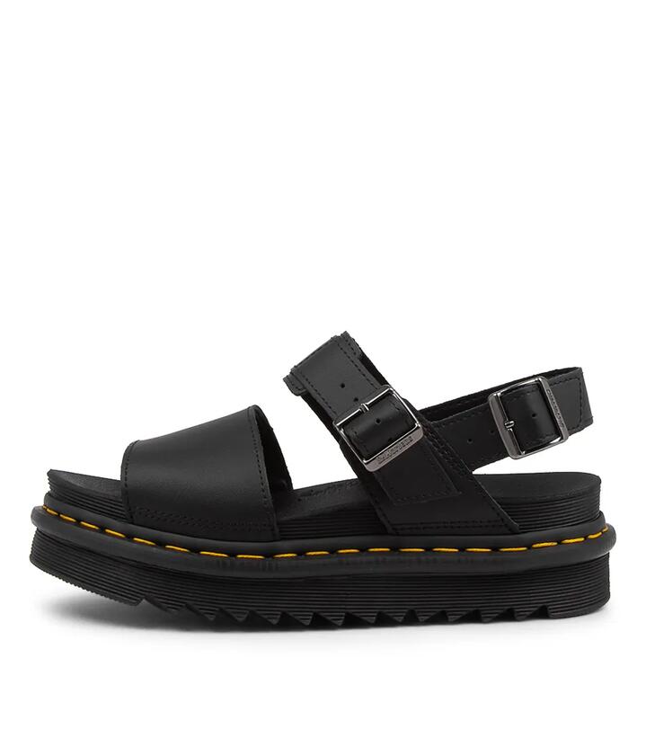 Voss Black Leather Sandals Yellow Stitch
