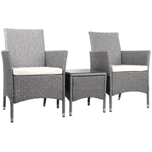 3 Piece Wicker Outdoor Chair Side Table Furniture Set - Grey