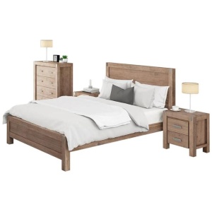 4 Pieces Bedroom Suite in Solid Wood Veneered Acacia Construction Timber Slat Double Size Oak Colour Bed, Bedside Table & Tallboy