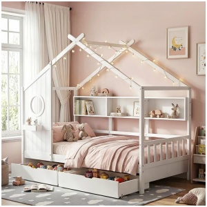 Artiss Kids Single Bed Frame with 3 Storage Bookcase & 2 Drawers House Bed Solid Wood Montessori Bed Easy Assembly White