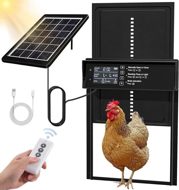 Automatic Chicken Coop Door Solar Powered with 4 Mode Timer & Light Sensor, Anti-Pinch & USB Charging Port