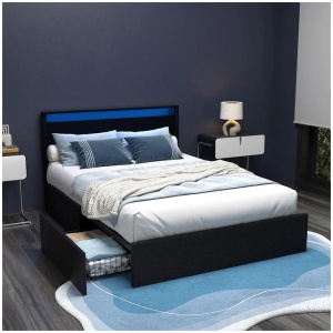 Bed Frame Double Size LED with 4 Drawers Black DUNN