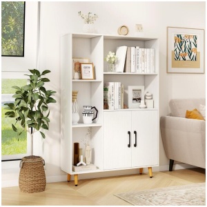 Costway119 cm Floor Bookshelf Bookcase with Double Doors 5 Open Compartments-White