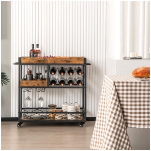 Costway3-Tier Rolling Bar Cart with Removable Tray for Dining Room