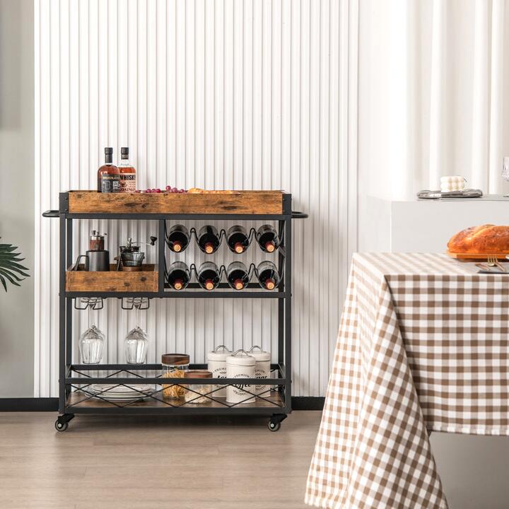 Costway3-Tier Rolling Bar Cart with Removable Tray for Dining Room