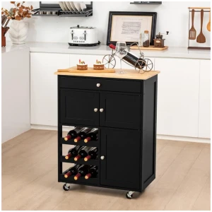 CostwayRolling Kitchen Cart with 3 Tier Wine Racks and Cupboards-Black