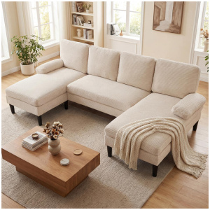 CostwaySectional Couch for Living Room U-shaped Sofa with Double Chaise-Beige