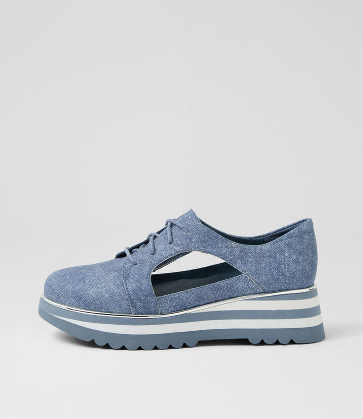 Ellin Blue Denim Leather Lace Up Flats