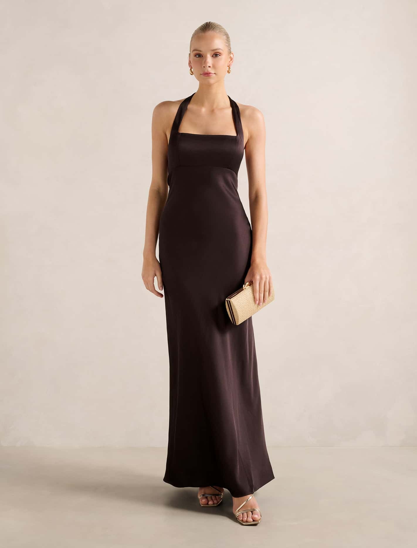 Forever New Women's April Open Back Satin Maxi Dress in Dark Chocolate