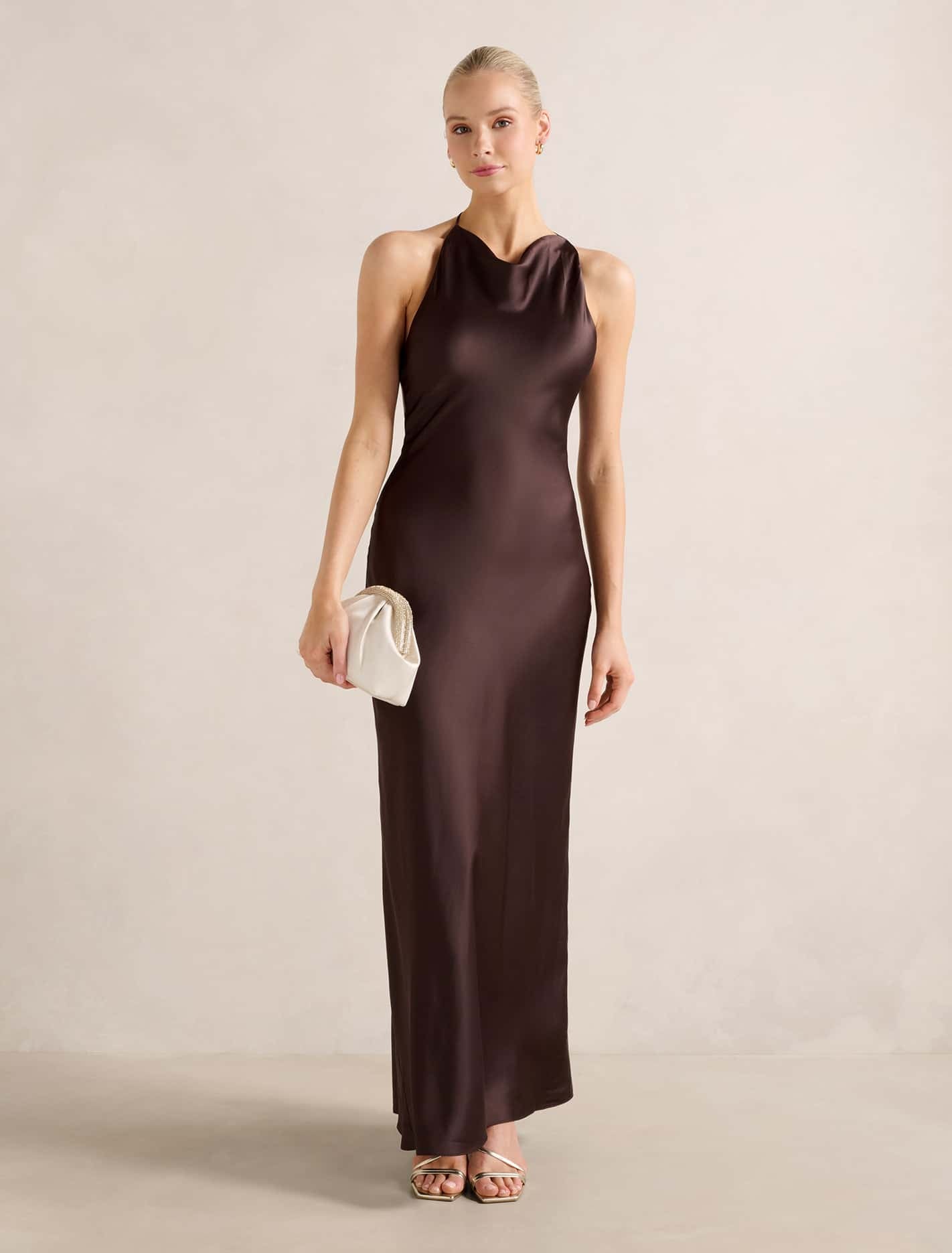 Forever New Women's Aria Satin Backless Maxi Dress in Dark Chocolate