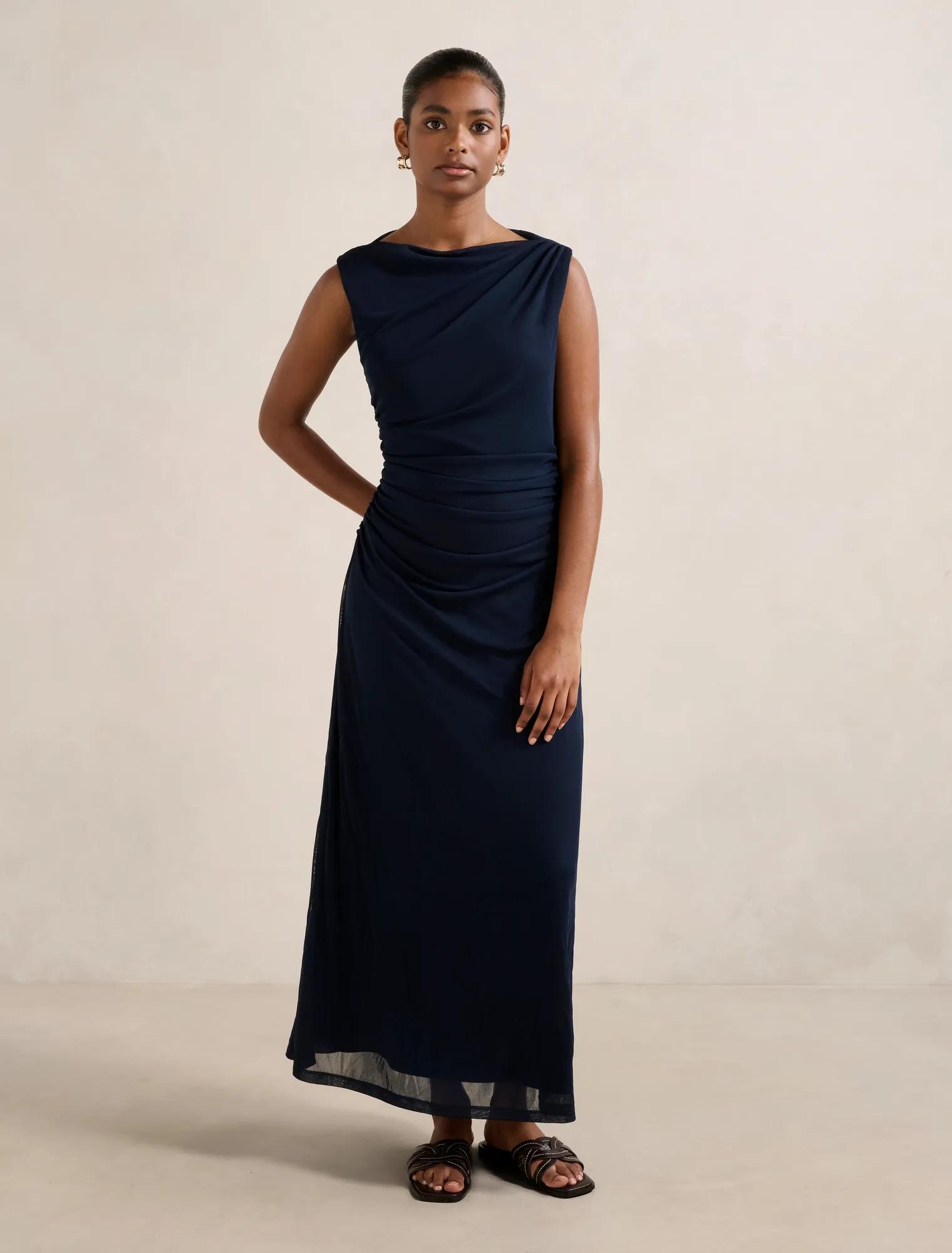 Forever New Women's Ariel Petite Gathered Mesh Midi Dress in Navy