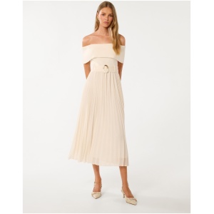 Forever New Women's Capri Bardot Pleat Hem Midi Dress in Cream