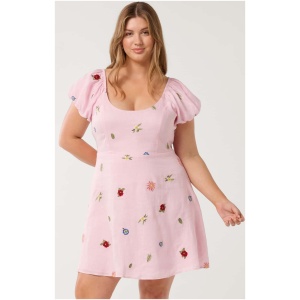 Forever New Women's Clara Curve Plus Size Embroidered Linen Mini Dress in Cotton Candy