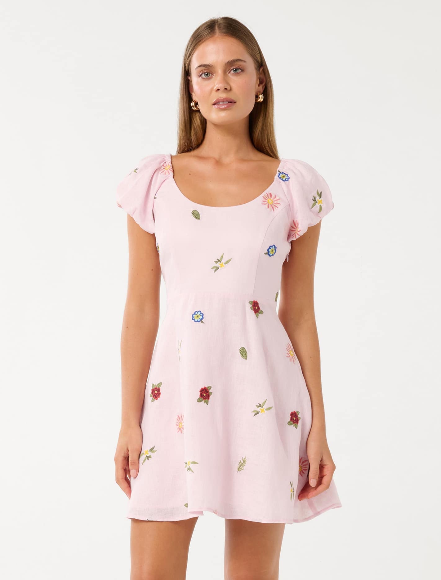 Forever New Women's Clara Embroidered Linen Mini Dress in Cotton Candy