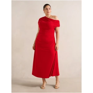 Forever New Women's Eris Curve Plus Size Drape Asymmetrical Crepe Midi Dress in Equestrian Red