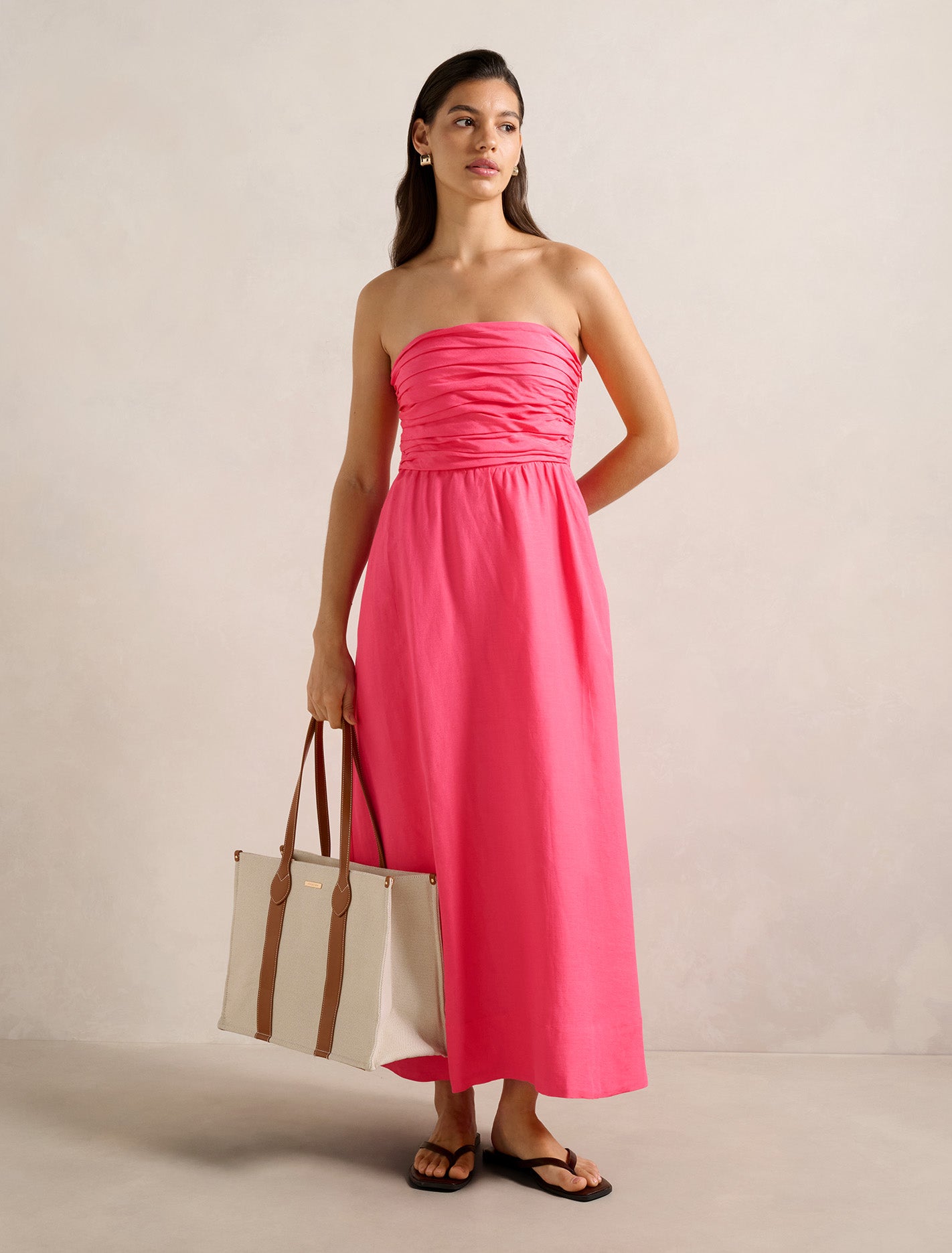 Forever New Women's Matisse Ruched Strapless Linen Midi Dress in Cotton Candy
