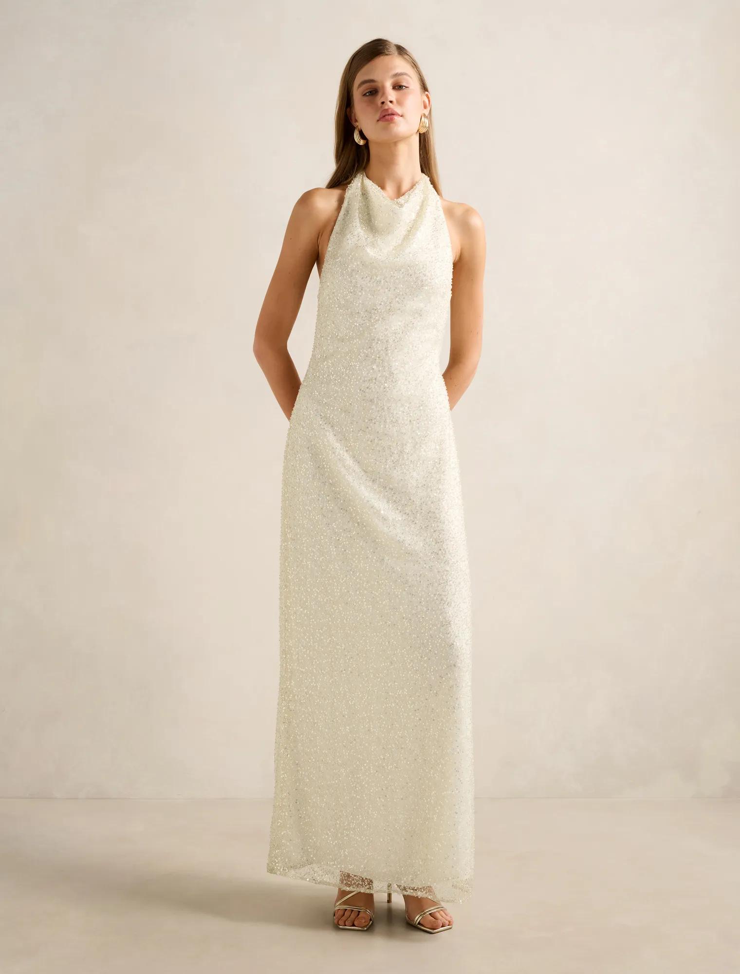 Forever New Women's Miranda Sequin Halter Maxi Dress in Champagne