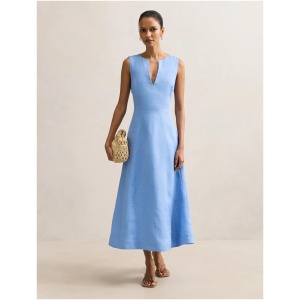 Forever New Women's Pippi Petite V-Neck Linen Midi Dress in Azurine
