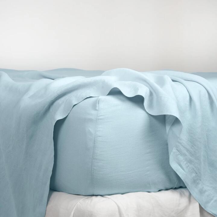 French Flax Linen Fitted Sheet in Sky Blue, Queen / 40cm
