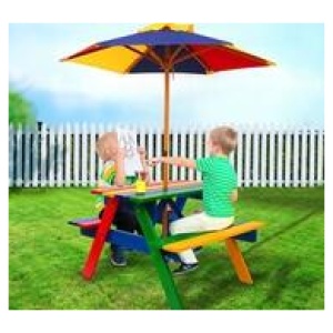 Queena Kids Outdoor Picnic Table & Chairs Set With Umbrella Multi
